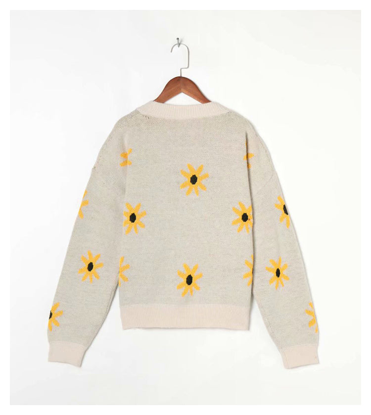 V-neck flower printed knitted cardigan autumn sweater coat 7257