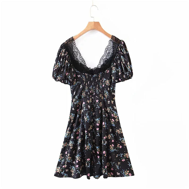 Small floral skirt sexy waist closing bubble sleeve 7140