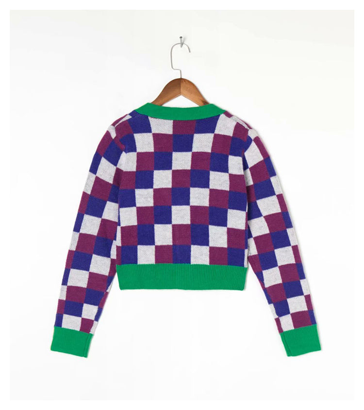Vintage Spice Girl contrast Plaid V-neck knit cardigan 7256