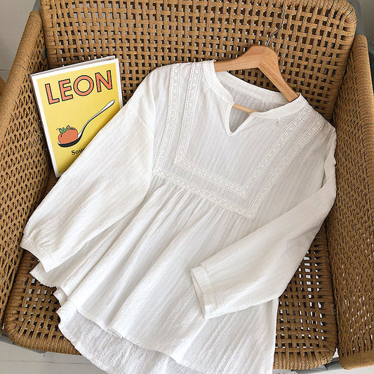 Lace stitched loose cotton linen long sleeved baby blouse 6231