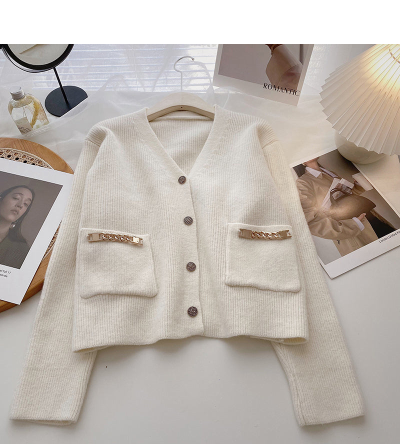 Korean small pocket chain design personalized fashionable V-neck top 6082