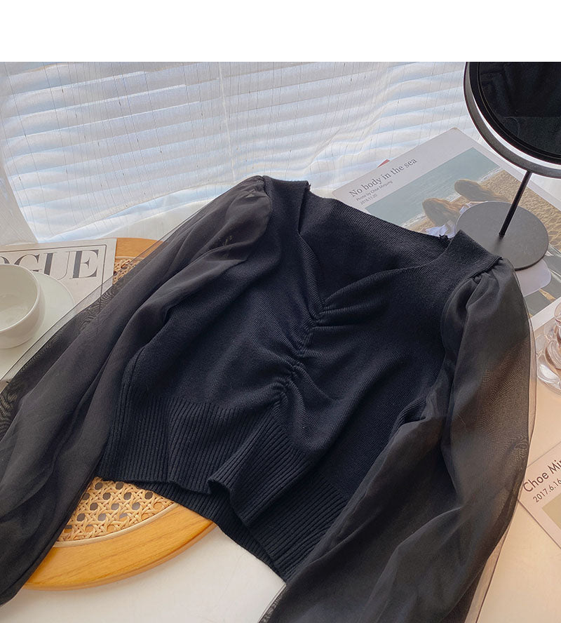 Korean mesh long sleeve design pleated V-neck short slim top 6667