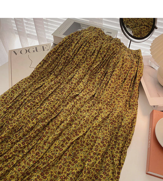Hong Kong style retro floral high waist elastic A-shaped large swing skirt 5738