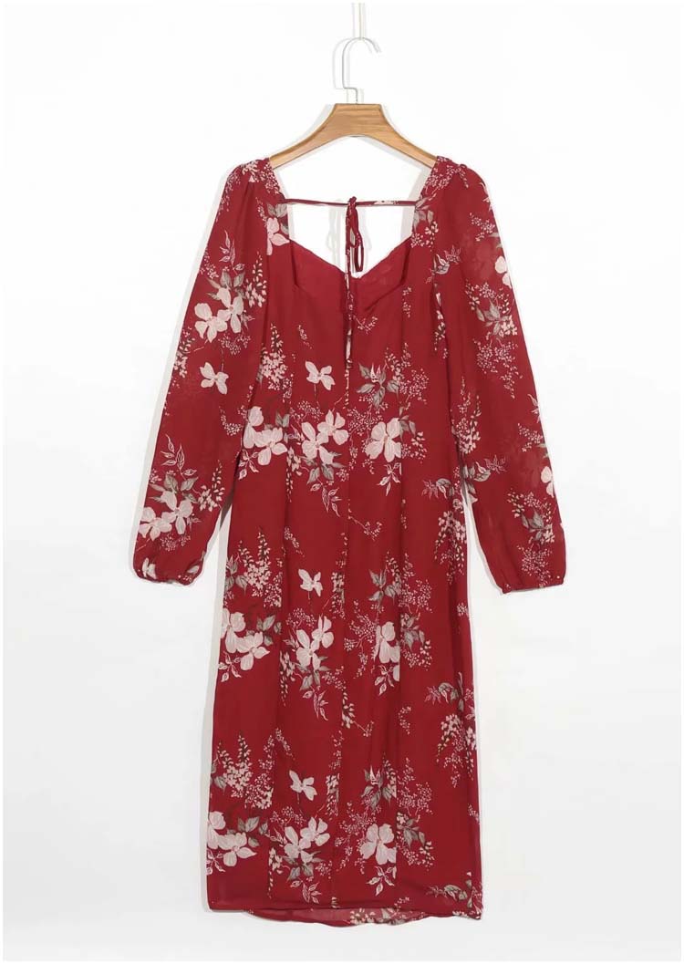 Square neck waist closing long sleeve printed side split knee dress 7127