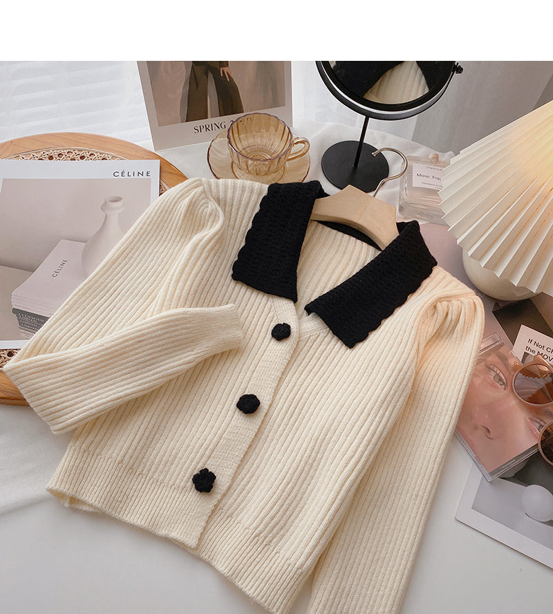Color matching small flower button knitted sweater 6469