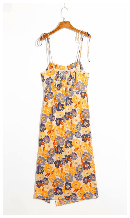 New slim fit, slim and versatile French printed side split suspender backless dress for women 7029