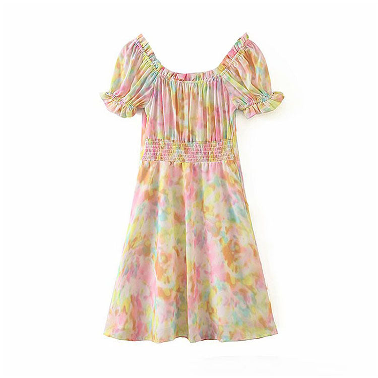Vintage square neck bubble sleeve lace up gradient Floral Dress 7083