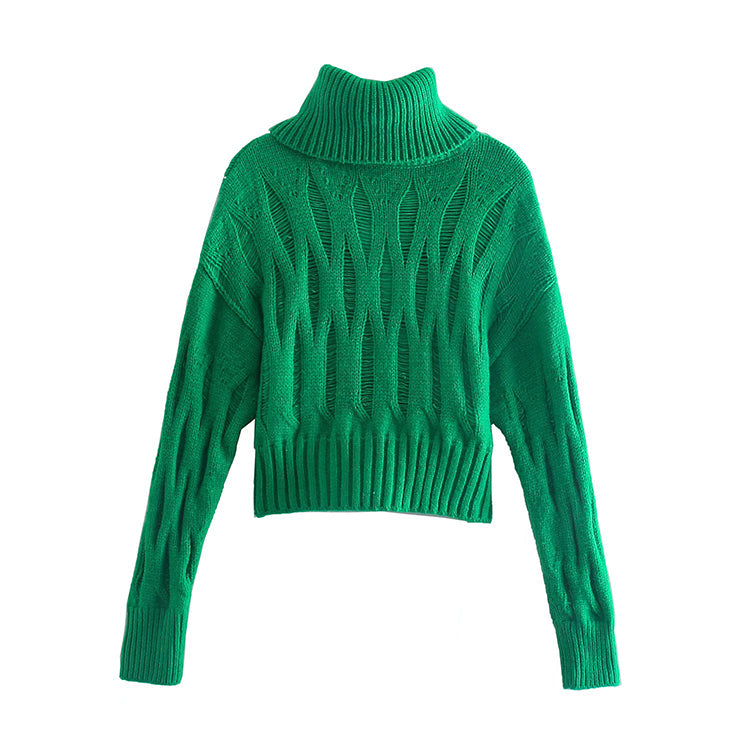 New hole decoration short sweater high neck sweater 7339
