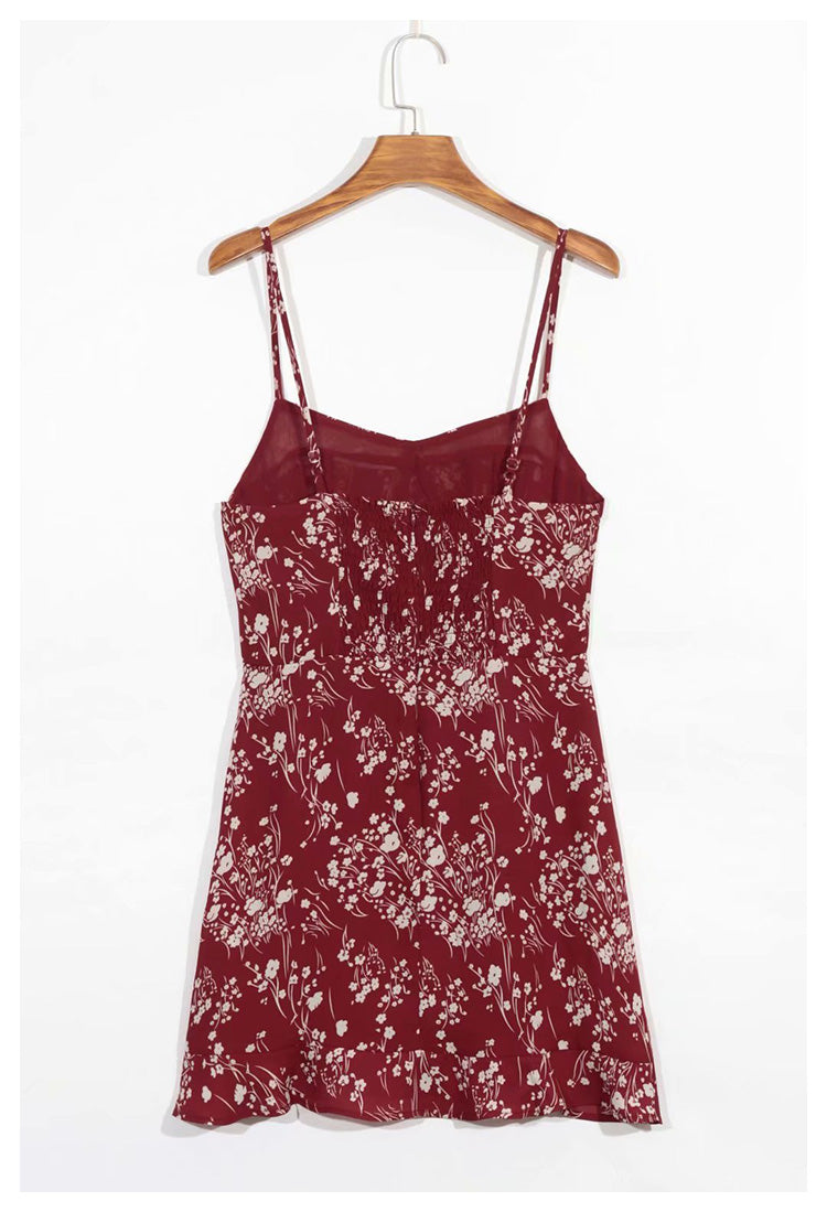 French retro floral waist closing sexy Ruffle Chiffon Dress 7056