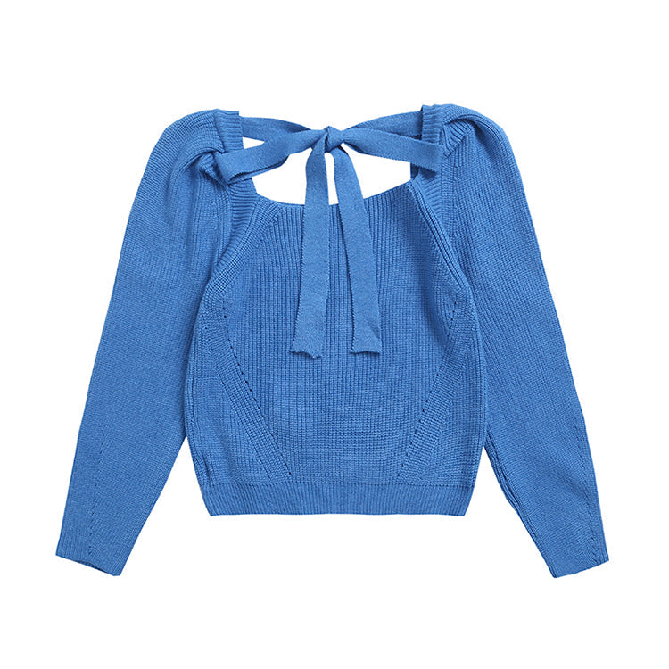 Vintage square neck bow tie lace up bubble sleeve T-shirt 7292