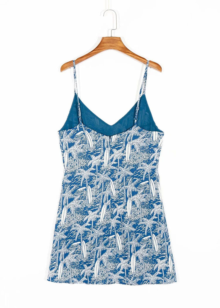 Small suspender blue print short retro front split dress 7064