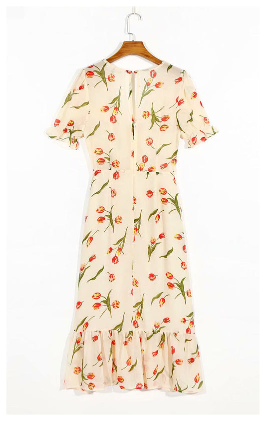Versatile French printed V-neck split bubble sleeve medium length dress 7048