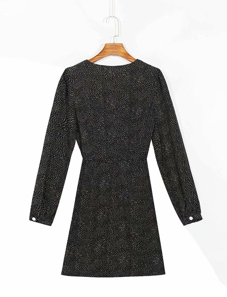French wave point V Neck waist wrap tea break Knee Length Dress 7061