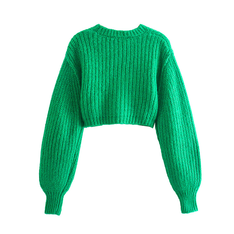Retro minority design puffy sleeve short sweater 7155