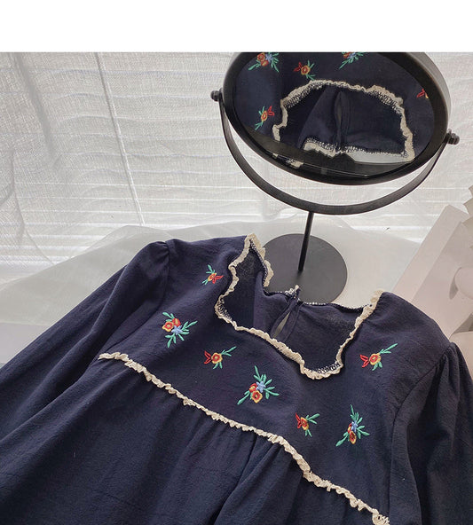 Korean design embroidered Square Neck slim long sleeved baby shirt 6292
