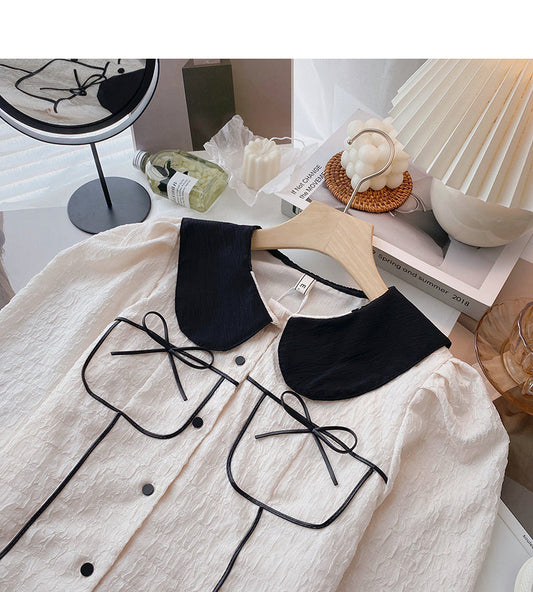 The new Korean doll collar contrast color bandage design feels thin top 6397
