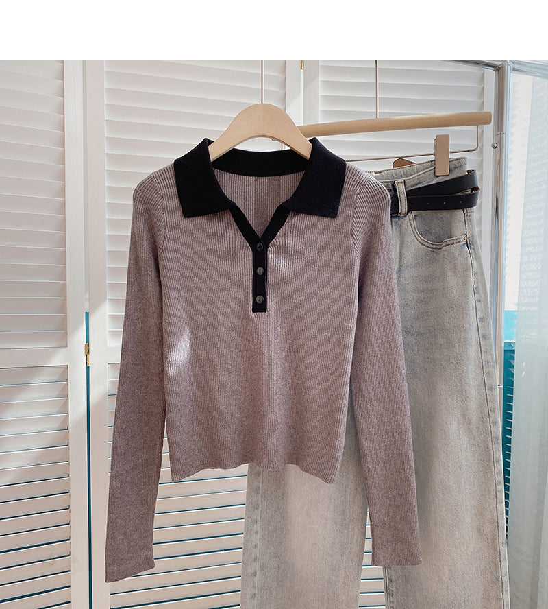 Color blocking slim fit short sweater casual slim long sleeve 6593