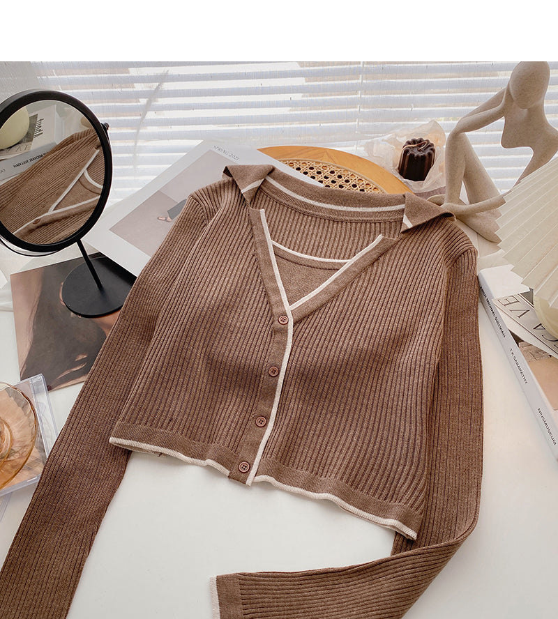 Slim design personalized Lapel long sleeve Pullover Top 6604