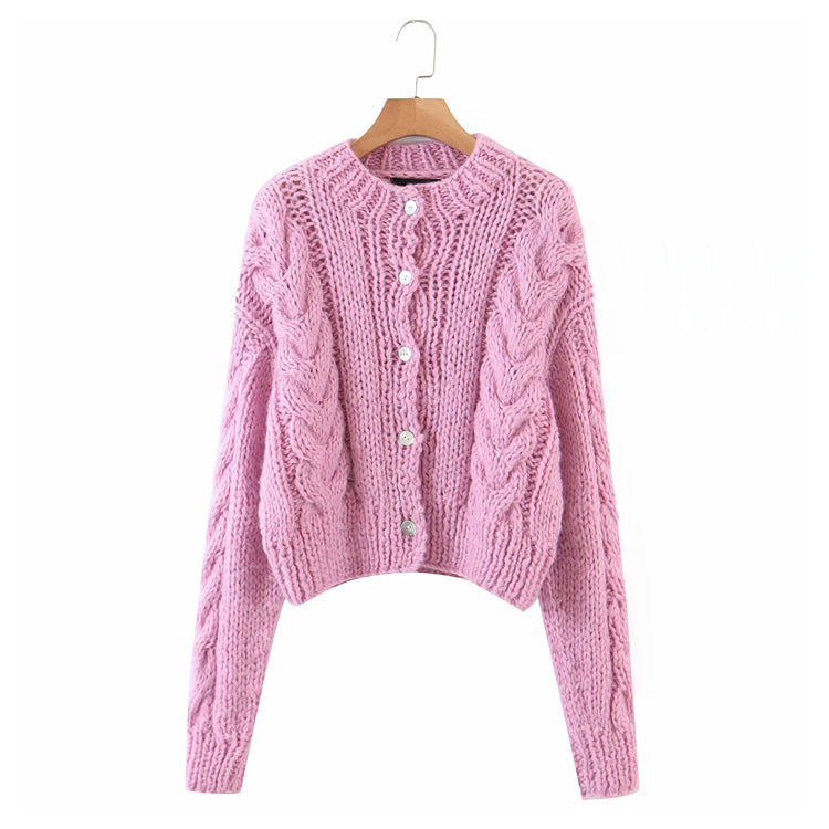 New lazy style round neck single breasted twist sweater 7380