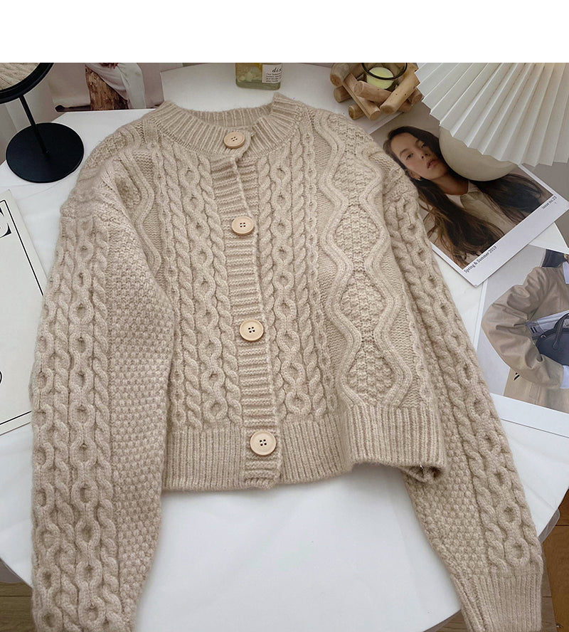 Single breasted round neck retro twist sweater female 6037