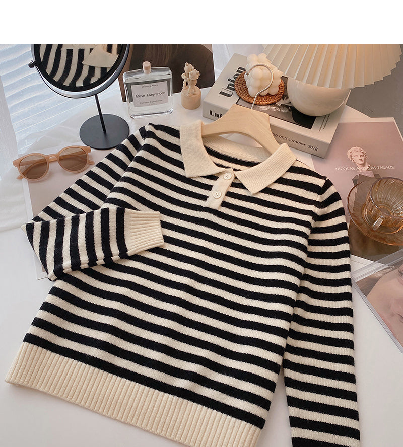 Long Sleeve Striped Sweater Lapel top 6458