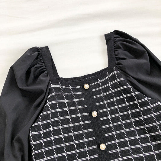 Slim fit Plaid stitched bubble sleeve square neck blouse 6243