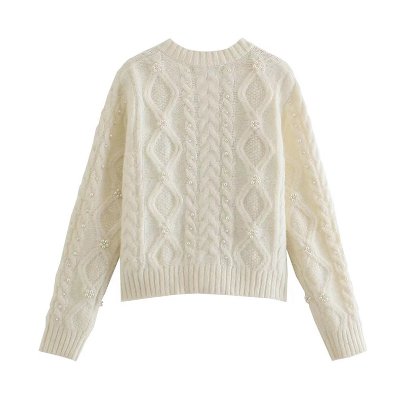 New French style pearl trim slim knit cardigan 7513