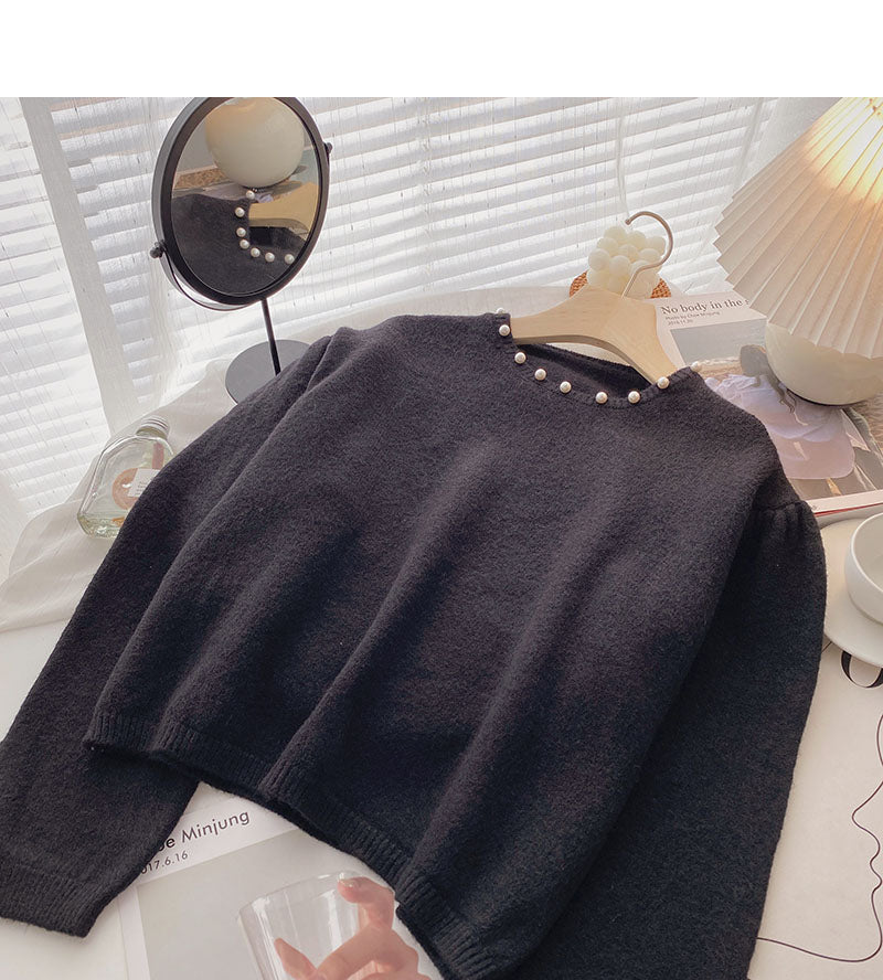 Vintage Design nail bead crew neck loose sweater fashion 6579