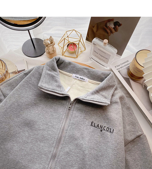 Korean languid leisure personalized contrast color long sleeved top 6227