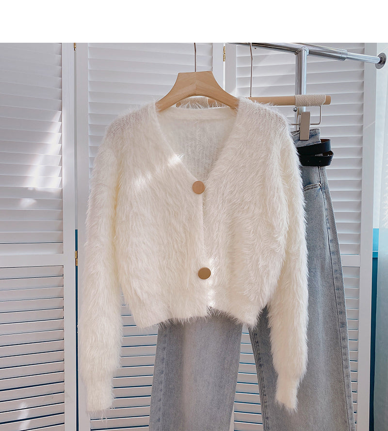 Mohair sweater gentle temperament solid V-neck short long sleeve 6138