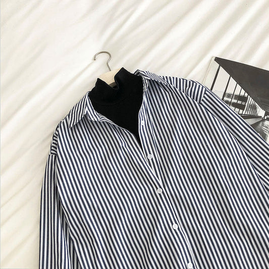 Simple striped single breasted contrast fake two loose long sleeved women's shirt 6244