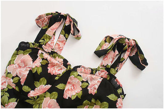 New slim slim ruffled double shoulder strap bow print dress 7071
