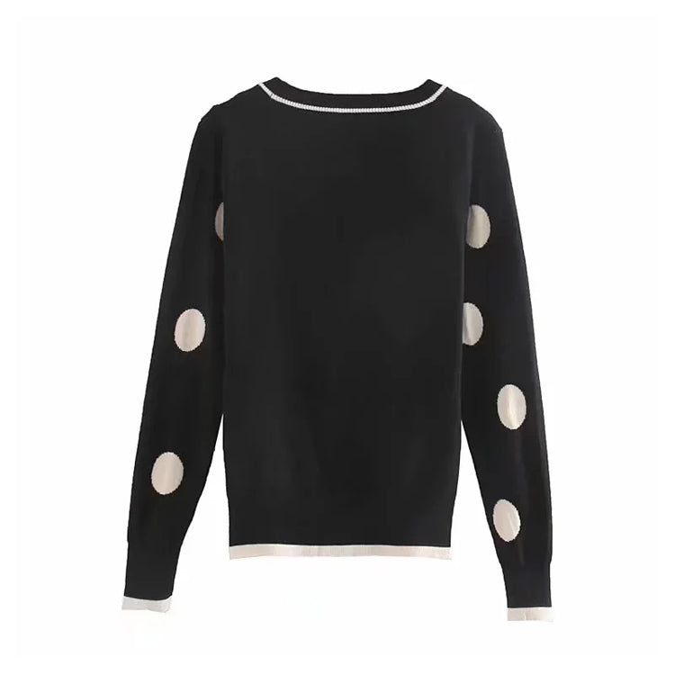 Vintage dot black and white contrast V-Neck Sweater Cardigan Jacket 7419