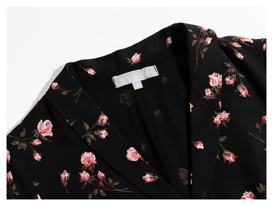 Vintage Lapel short sleeve slim waist floral print dress 7052