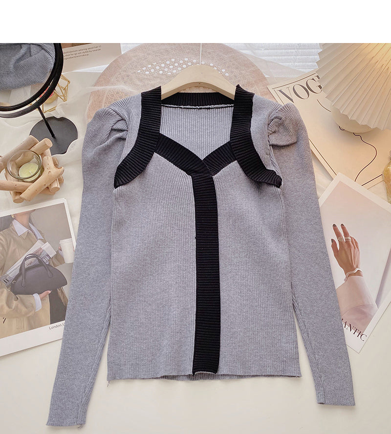 French square neck contrast thin long sleeve sweater 6625