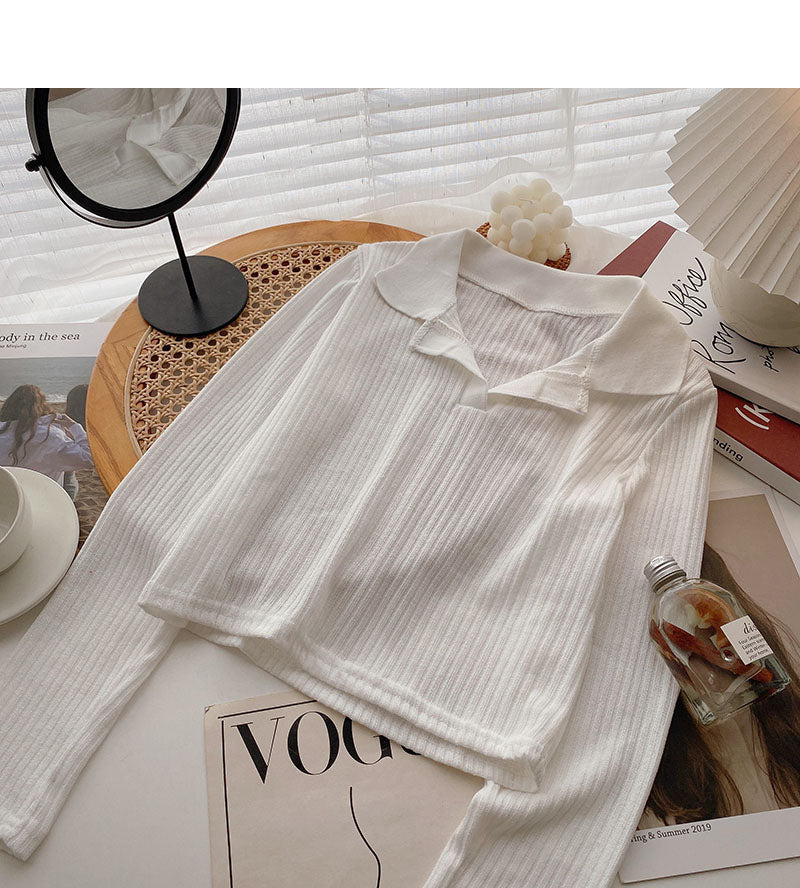 Simple casual short Lapel Pullover long sleeve top 6665