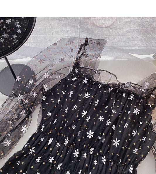 Gauze floral long sleeve square neck slim short blouse 6261