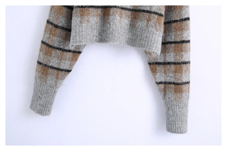 New lazy high neck slim plaid sweater 7503