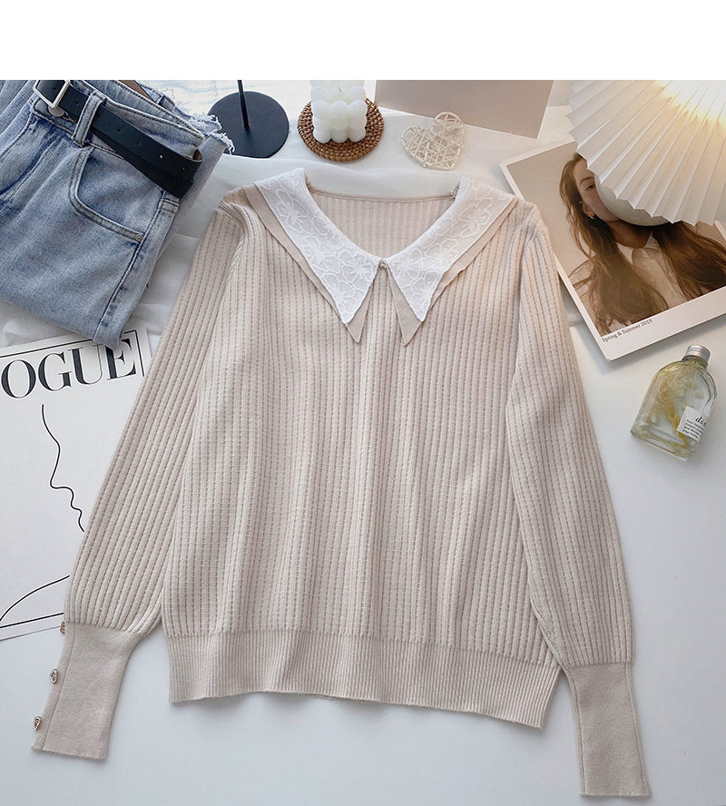Design sense knitwear Vintage long sleeve Pullover Lapel top 6660
