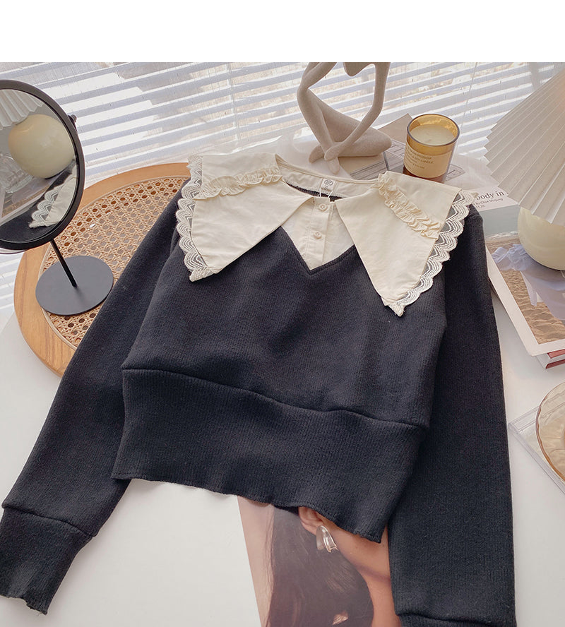 Design sense baby collar stitched sweater Vintage top 6601