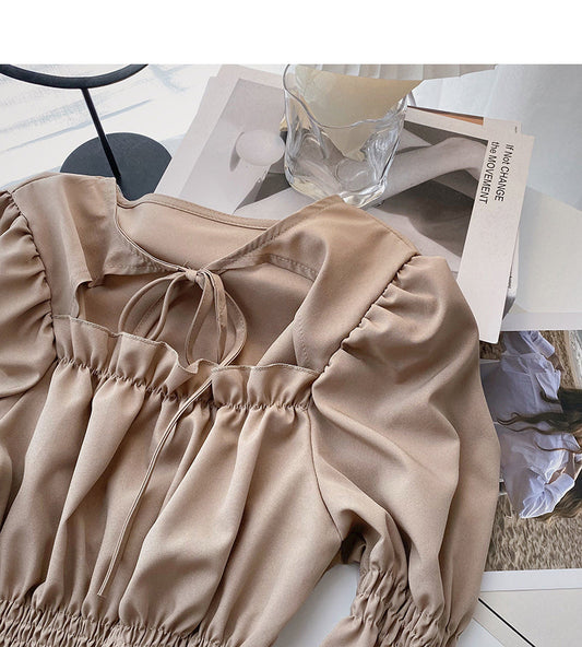 Square Neck Lace Up hollowed out trumpet sleeve top 6291