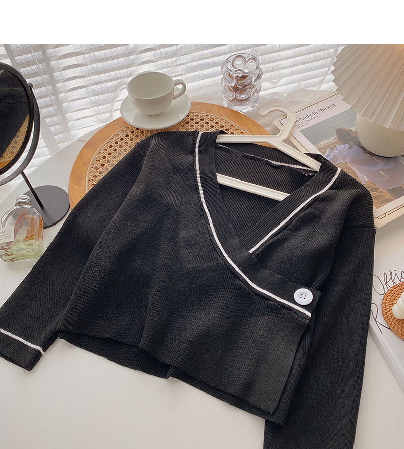 Small man leisure foreign style simple V-neck one button top 6650