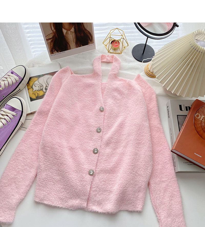 The new Korean one line neck hanging neck design feels off the shoulder 6101