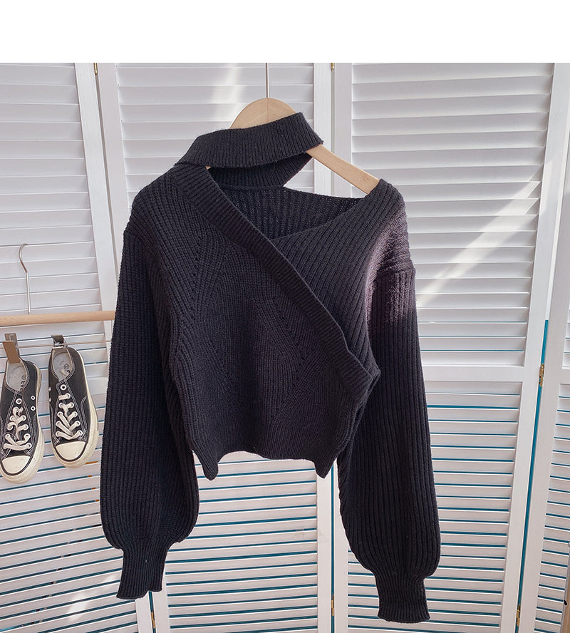 Design hollow out hanging neck V-Neck long sleeve temperament top 6045
