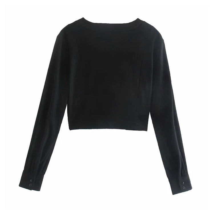 V-neck pleated breasted long sleeve short knit cardigan top 7401