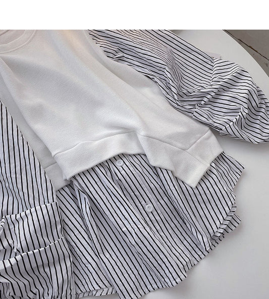 Design sense stripe stitching fake two shirts 6281