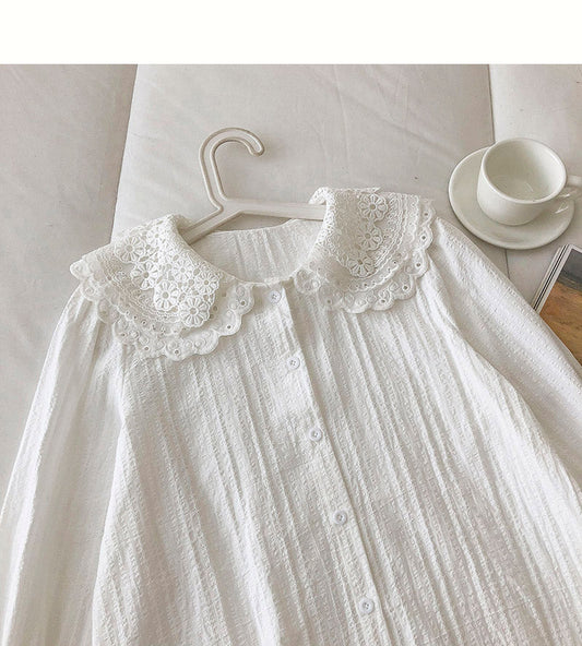 Female Crocheted hollow out baby collar breasted cotton linen shirt 6250