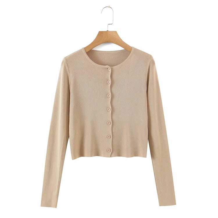 Crew neck solid color slim knit long sleeved cardigan top 7248