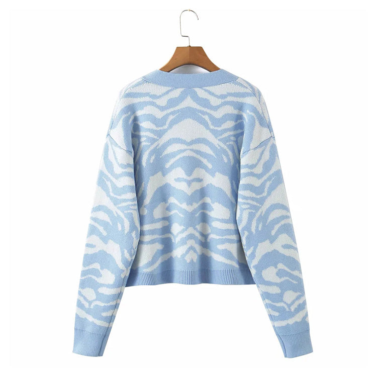 Horse jacquard long sleeve sweater lazy retro V-neck knitted cardigan 7265