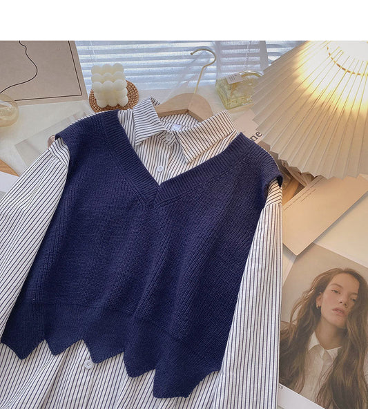 Fashion shirt stitching knitted vest fake two-piece top design 6327